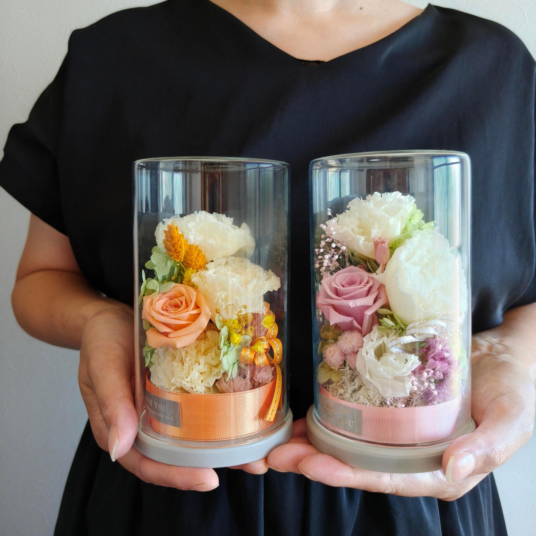 オーダー◎トルコキキョウとバラのプリザーブドアレンジメント　プレゼント　お祝い花　　お供え花お盆2025仏花　退職祝い1枚目の画像